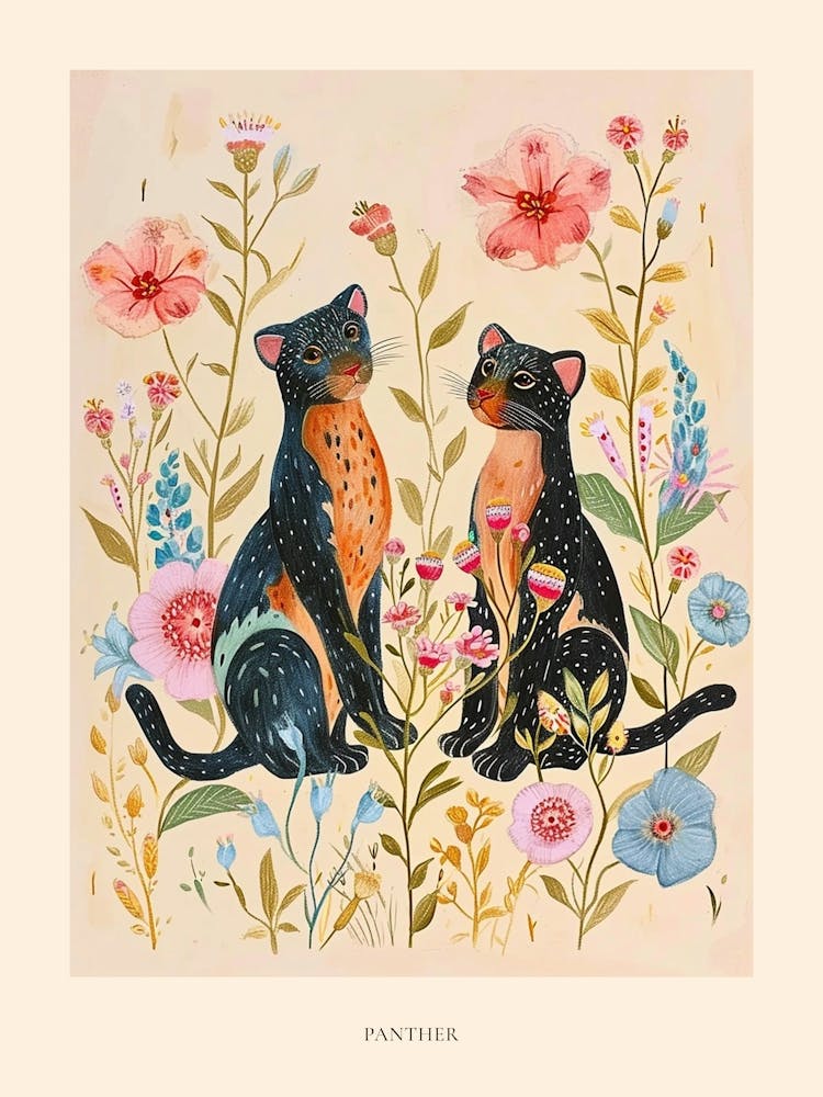 Folksy Floral Animal Drawing Panther Poster