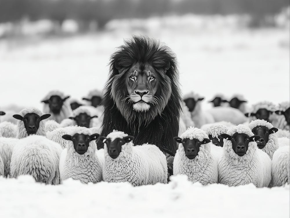 Lion Amongst Sheep Print, Black & White Print, Lion Wall Art, Animal Photography, Animal Poster, Motivation Decor, Trendy Office Wall Art
