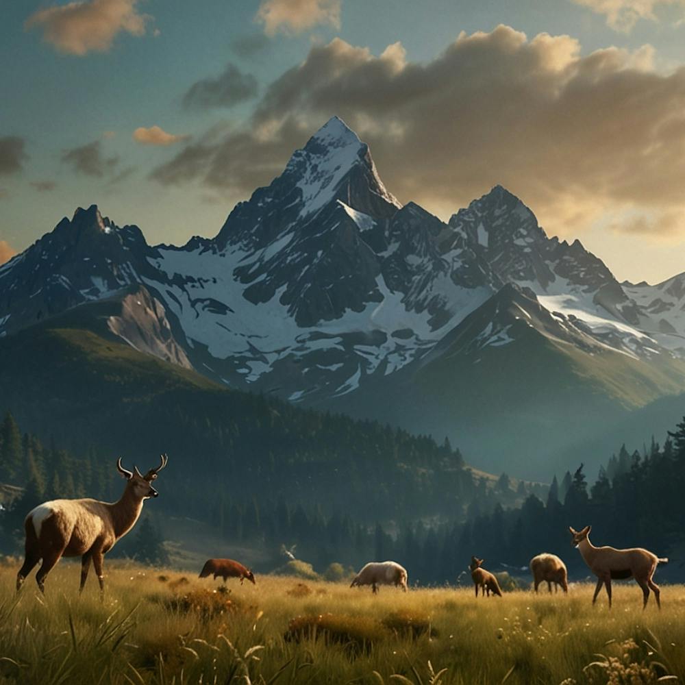 Deer Grazing On Mountains Land Art