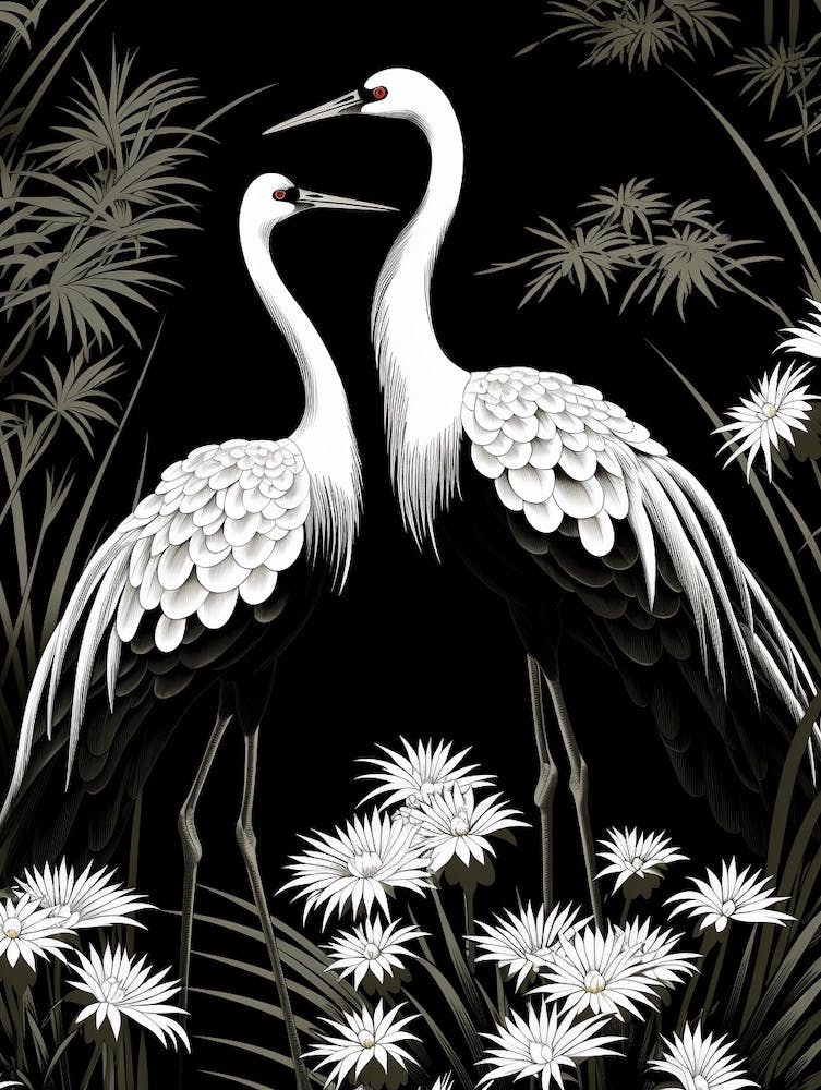 Black And White Cranes 4 Vintage Japanese Botanical