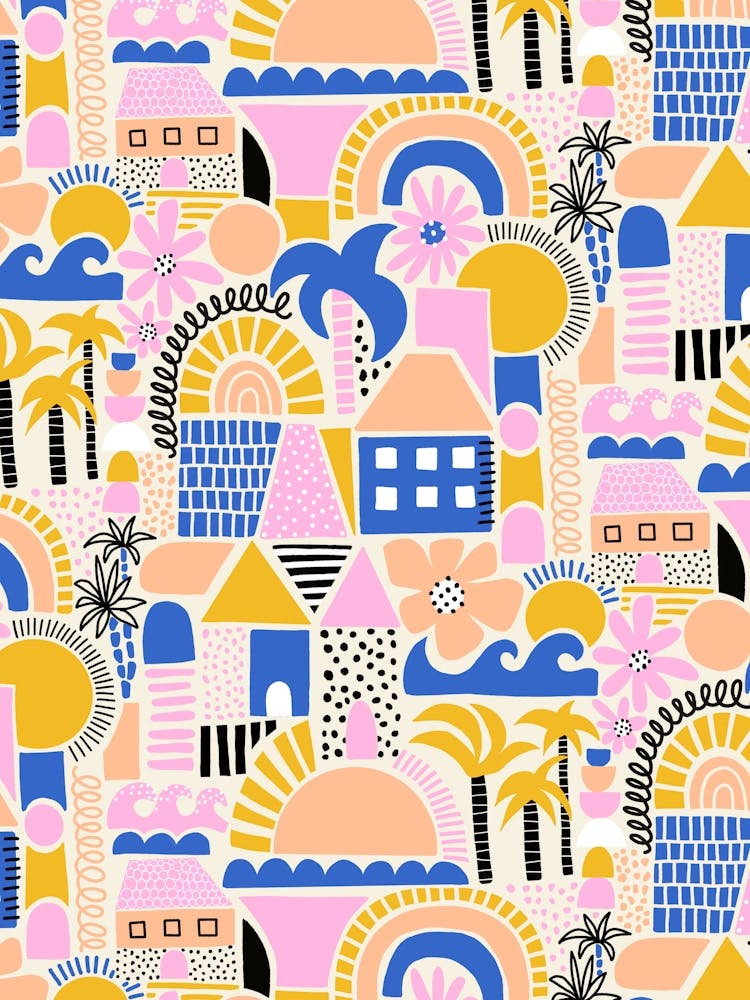 City by the Sea Dawn - Abstract Tropical Landscape