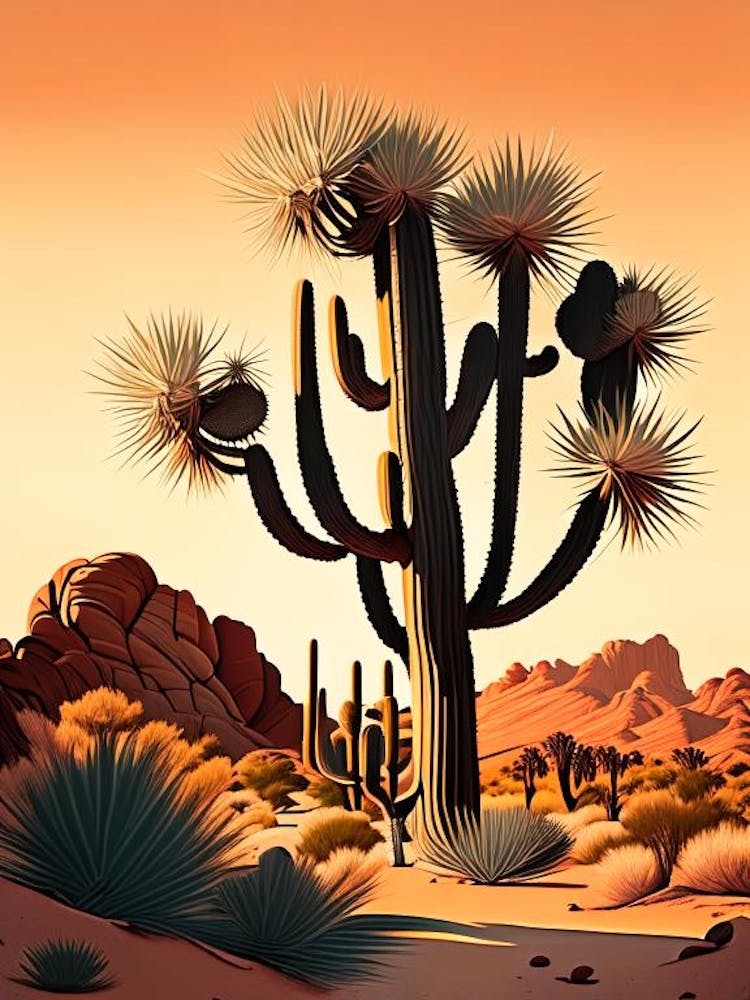 Joshua Tree In Mojave Desert Retro-Illustration