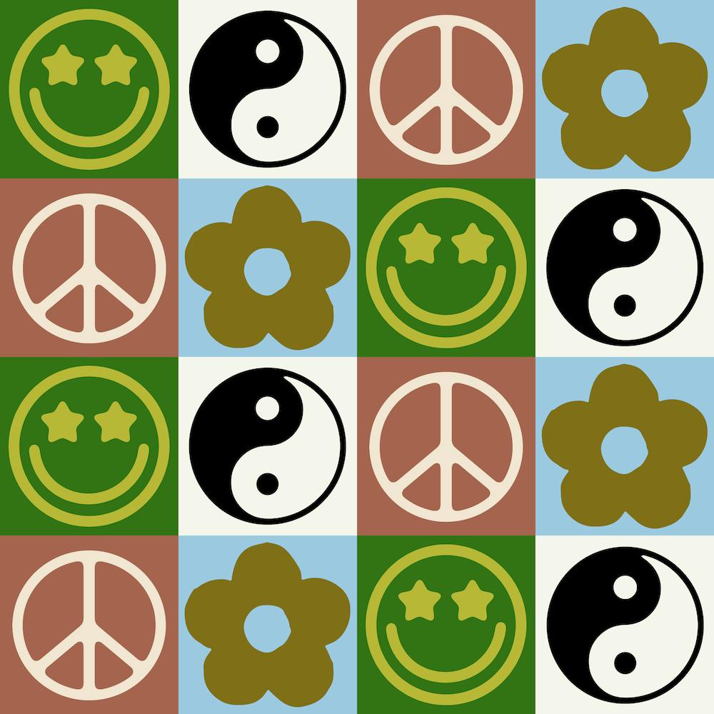 Friedenssymbol, Yin Yang, Blume, Smiley-Gesicht
