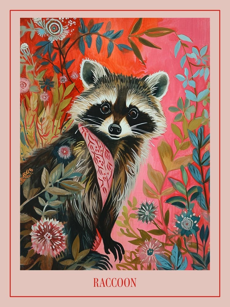 Floral Animal Painting Raccoon 4 Poster