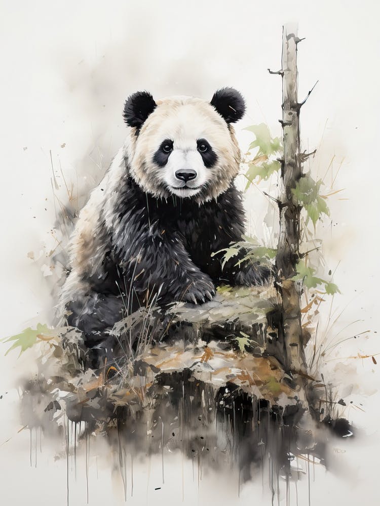 Panda, Japanese Brush Painting, Ukiyo E, Minimal 1