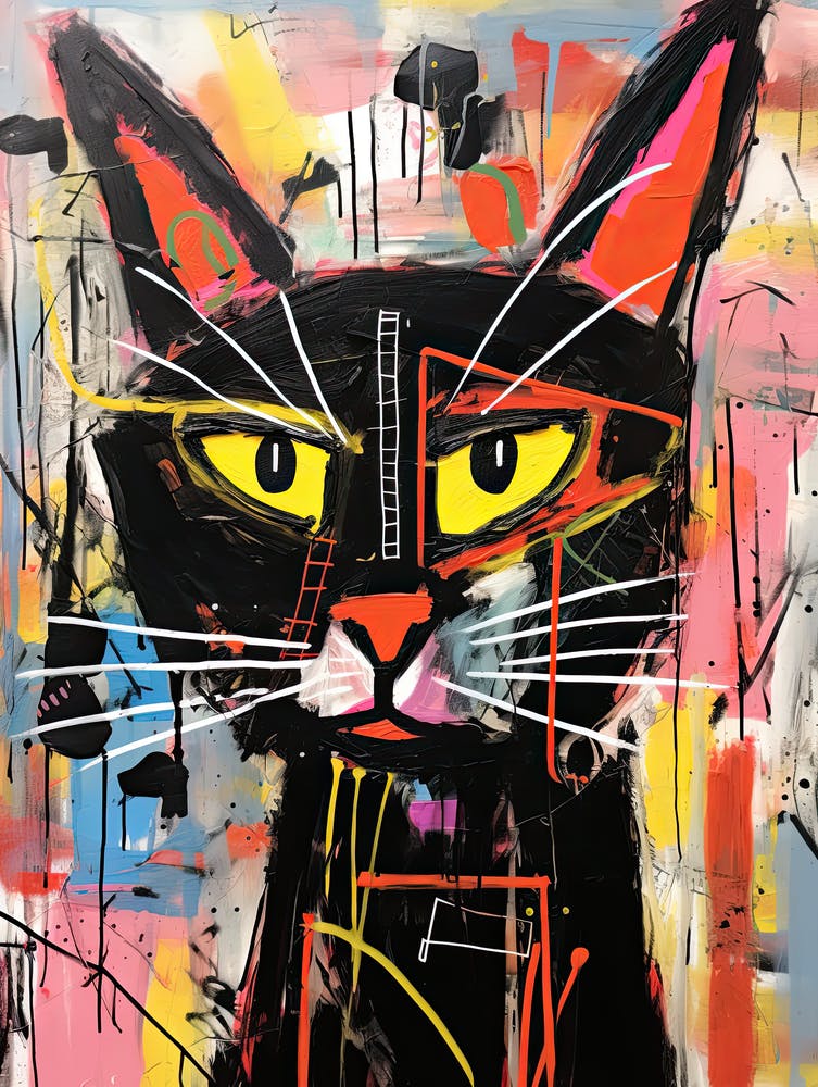 Whiskered Dreams: Basquiat's style Black Cat Tale
