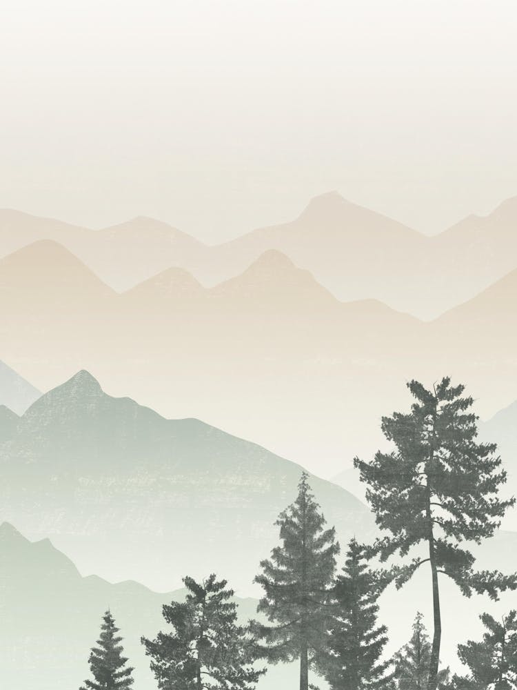 Mountain Landscape in Sage Green and Beige, Pine Trees, Minimalist