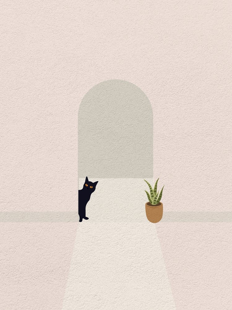 Minimal art of cat behind the door