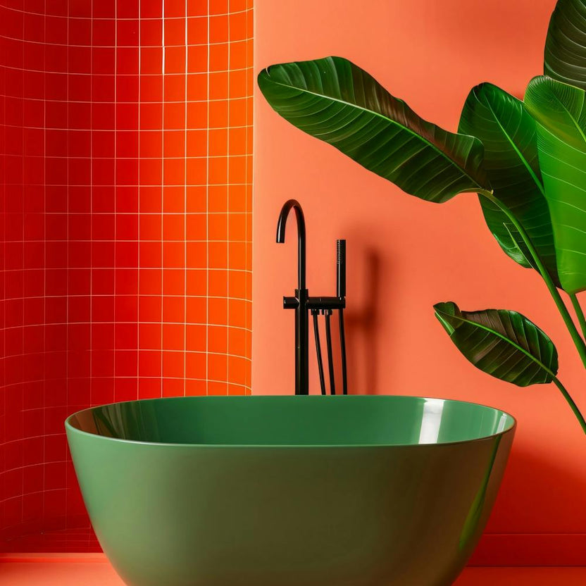 Bathroom With Green Tub And Plant