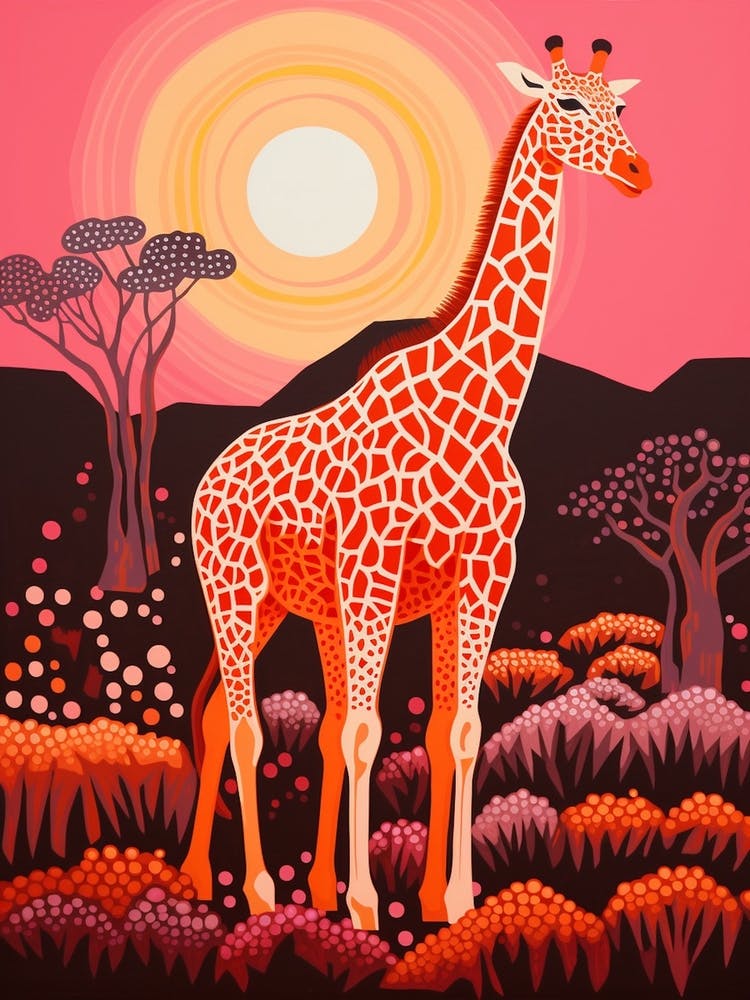Giraffe mit Bäumen im Hintergrund Rosa & Senfgelb 2