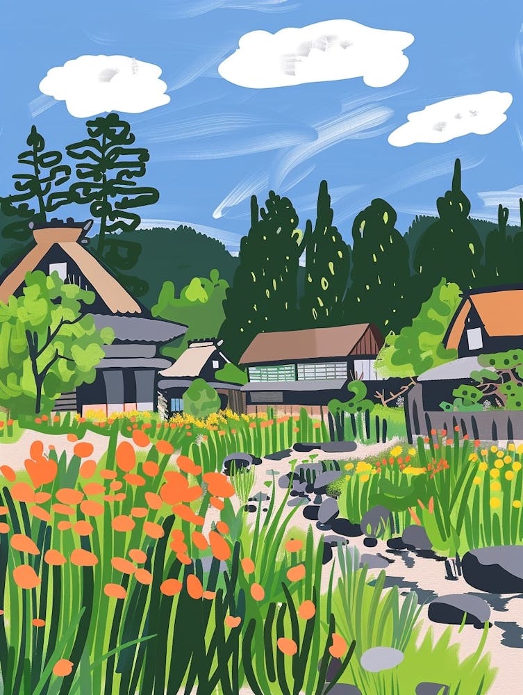 Shirakawa Go Japan 2 Colourful Illustration