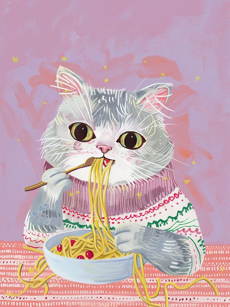 Grey Cat Pasta Lover Folk Illustration 1