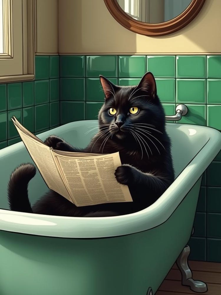 Cat In Bathtub Reading Newspaper