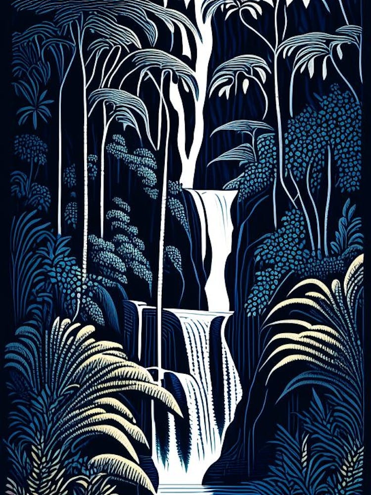 Waterfalls In A Jungle Waterscape Linocut 1