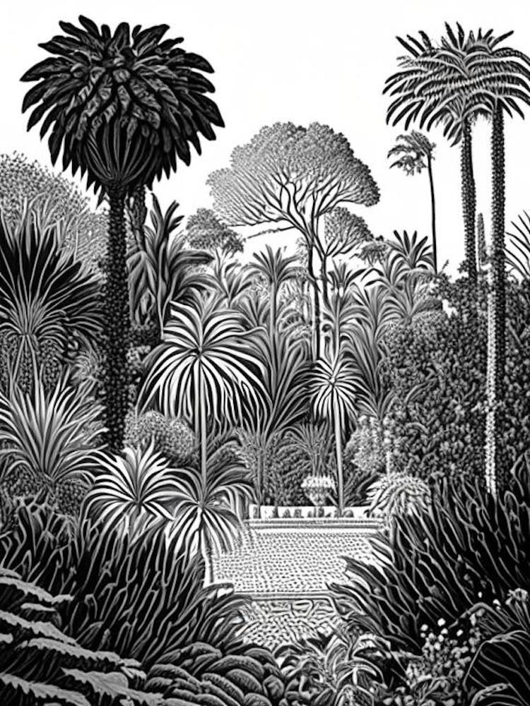 Marrakech Botanical Garden, 1, Morocco Linocut Black And White Vintage