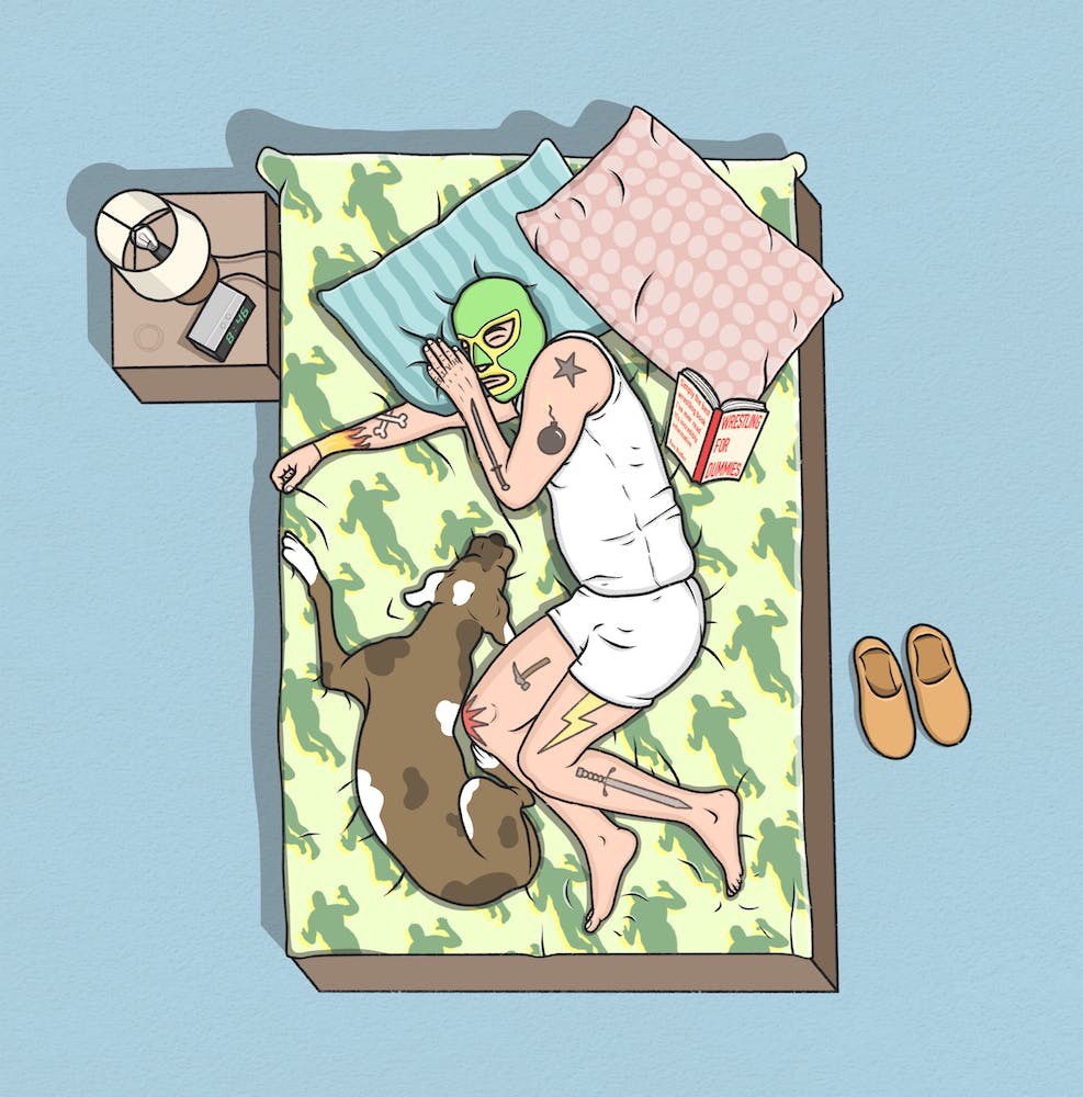 Sleeping Wrestler and dog, bed, bedroom, illustration, wall art