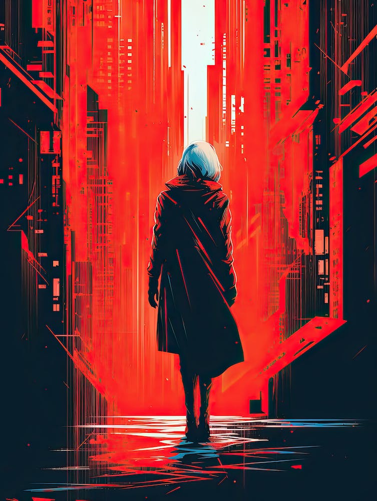 Man Walking Through A City, Cyberpunk art