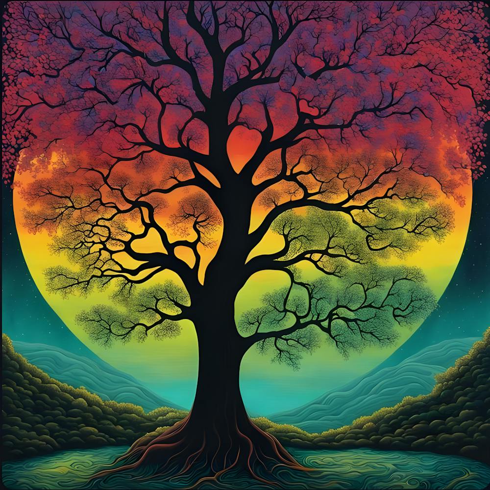 Vibrant Tree Silhouette under Full Moon
