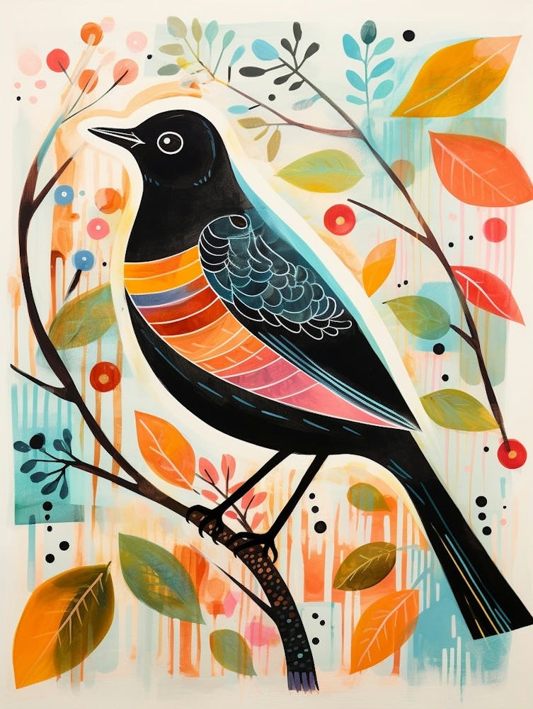 Peinture-Collage d'Oiseau Merle Noir 3