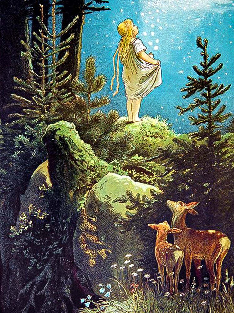 "The Star Money" (Die Sterntaler) 1882 by Victor Paul MOHN - Paraulas - Vintage Golden Age Children's Illustration of Girl With a Dress Full of Stars in the Forest With Deer HD Remastered