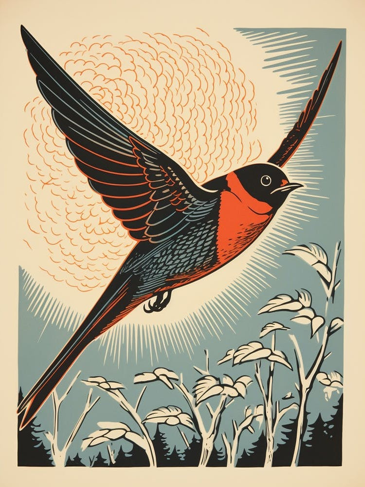 Vintage Bird Linocut Swallow 2