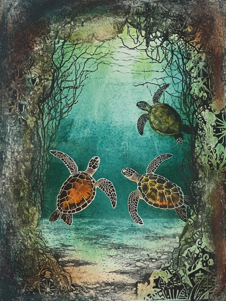 Sea Turtles In An Underwater World Textured Illustration 4