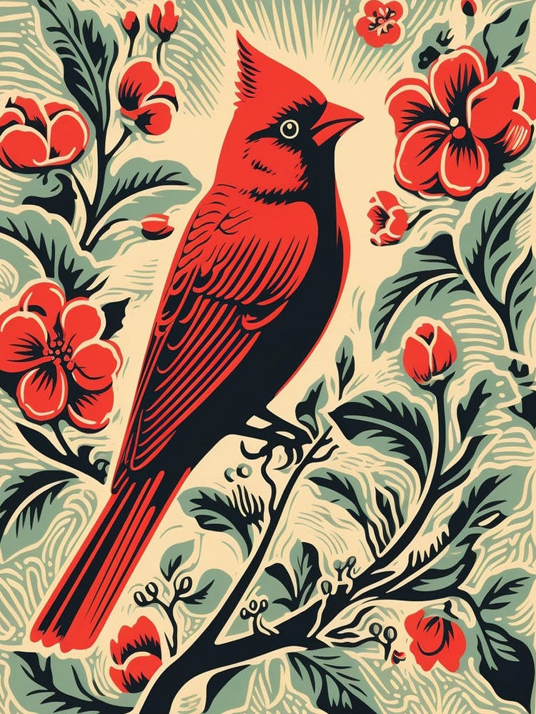 Vintage Bird Linocut Cardinal 4