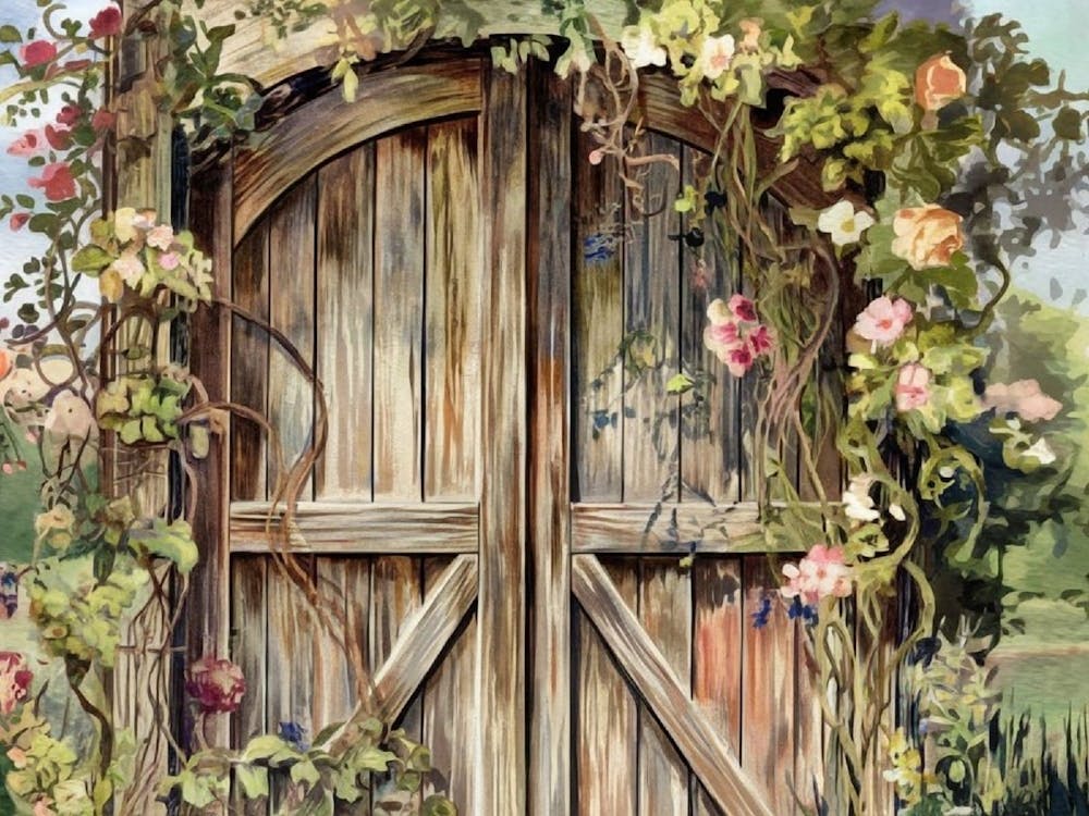 Rustic Arched Garden Gate Painting with Climbing Flowers