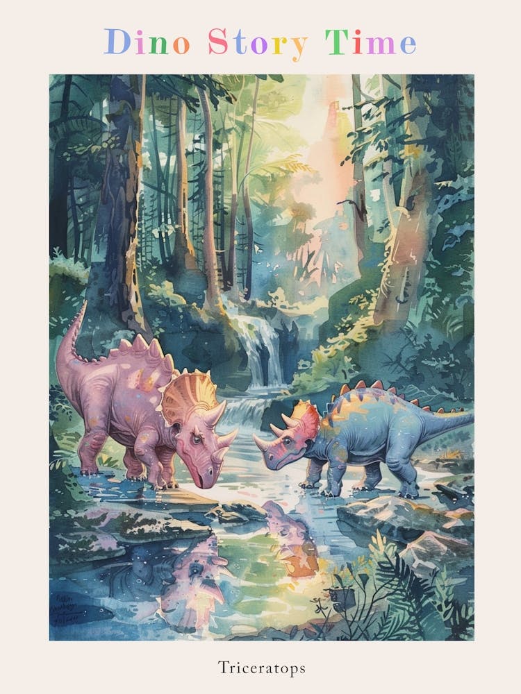 Triceratops Drinking Out Of A Stream Watercolour Painting Poster