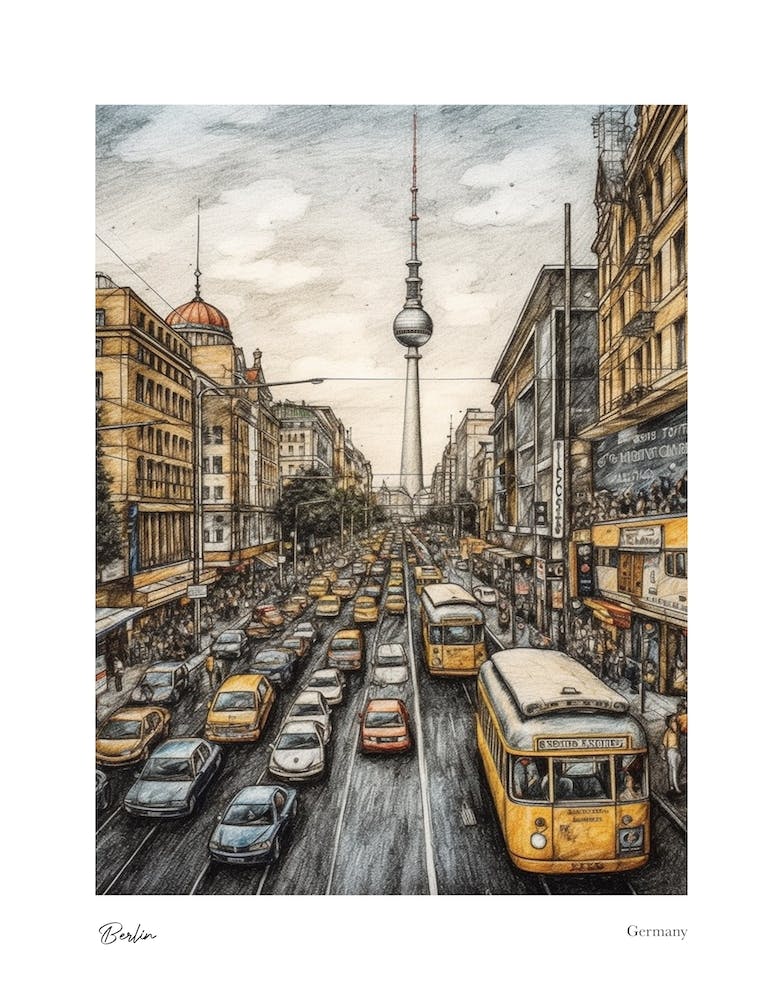 Berlin Germany Pencil Sketch 1 Watercolour Travel Poster