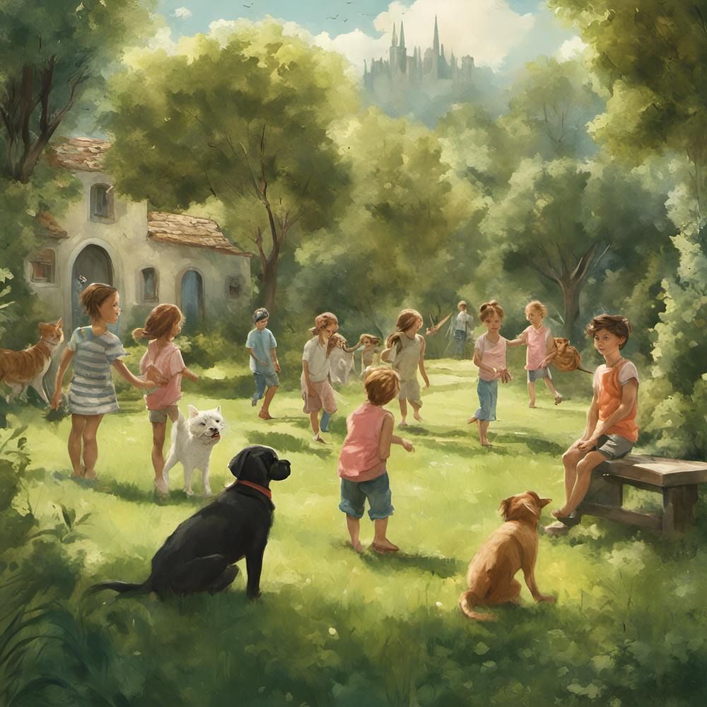 Children, cats and dogs playing
