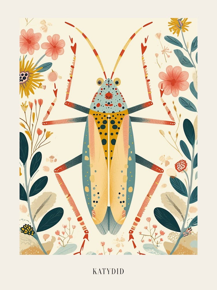 Colourful Insect Illustration Katydid 14 Poster