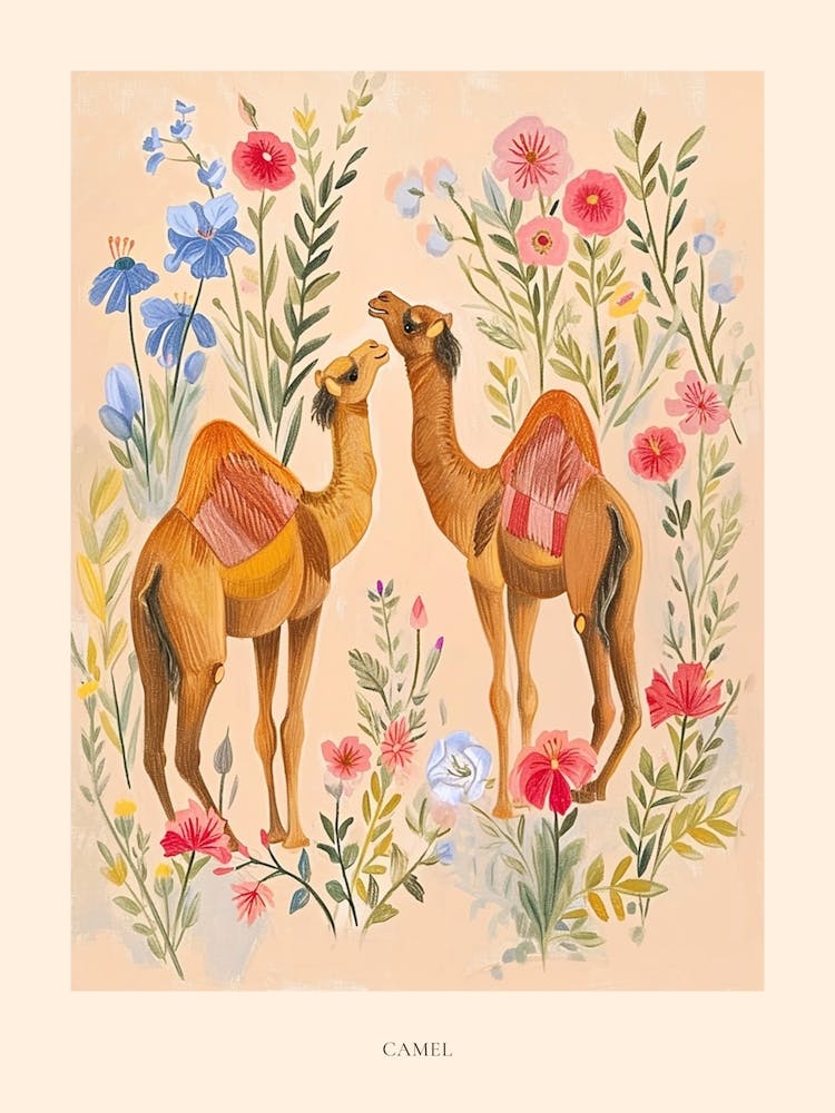 Folksy Floral Animal Drawing Camel Poster