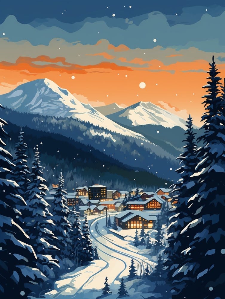Winter Travel Night Illustration Banff Canada 2