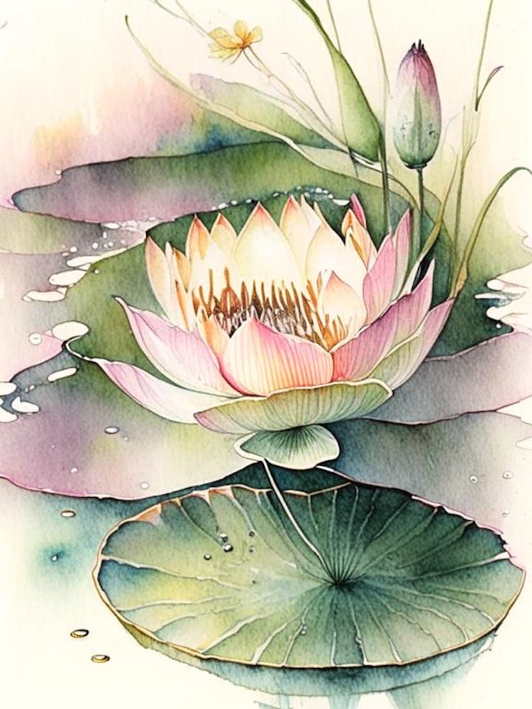 Blooming Lotus Flower In Pond Watercolour Ink Pencil 1