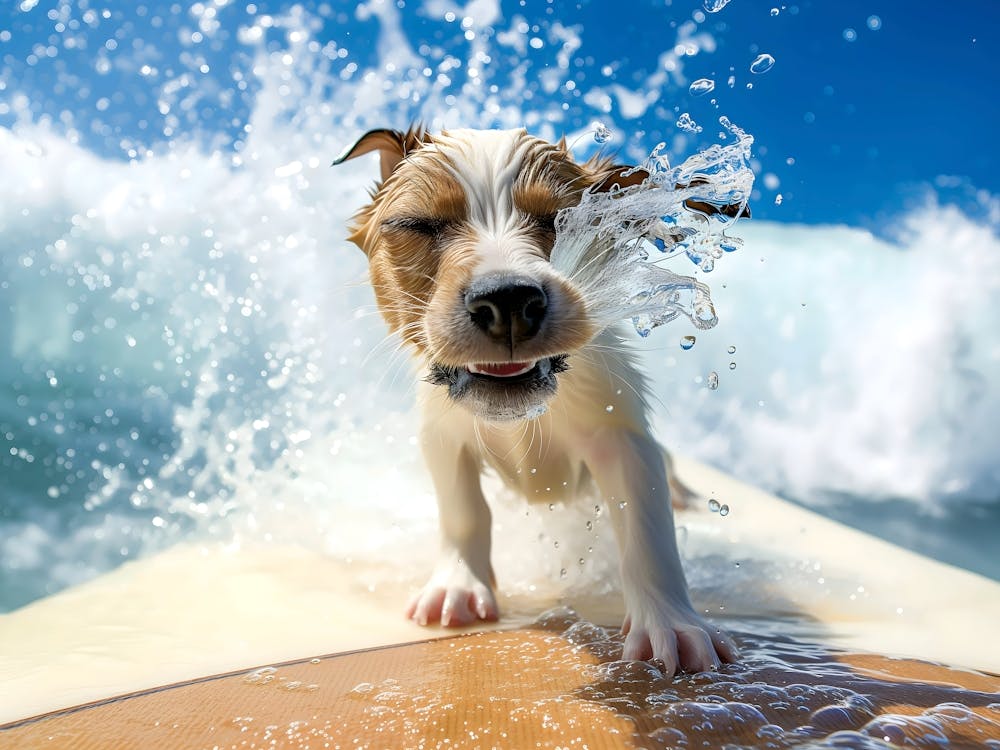 Dog On Surfboard