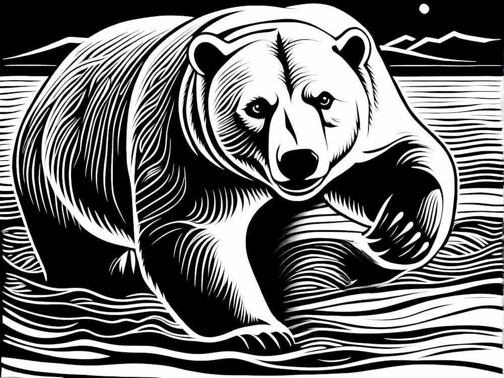 Ours Polaire dans l'Eau art linogravure, art animalier, 176