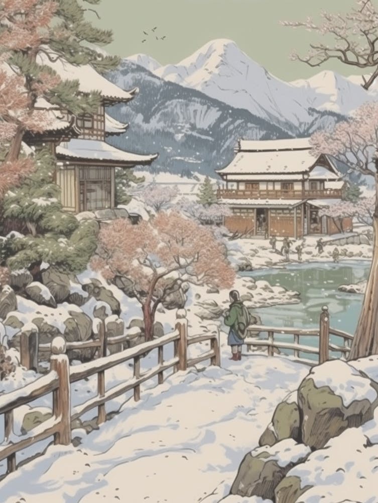 Vintage Winter Illustration Hakone Japan 2