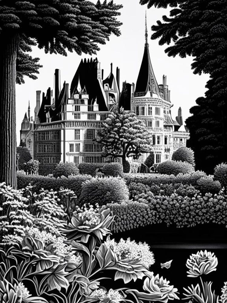 Château De Chenonceau Gardens, 1, France Linocut Black And White Vintage