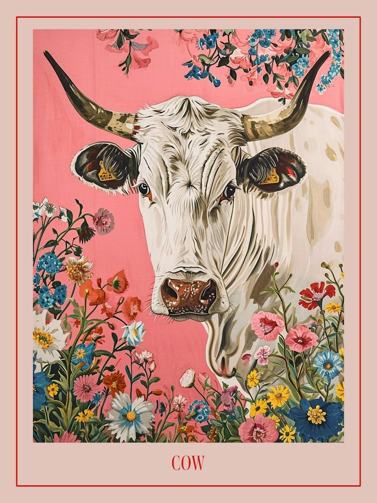 Floral Animal Painting Cow 2 Poster