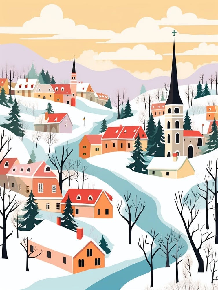 Retro Winter Illustration Cesky Krumloy Czech Republic 3