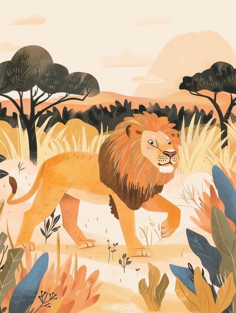 African Lion Hunting In The Savannah Illustration 1