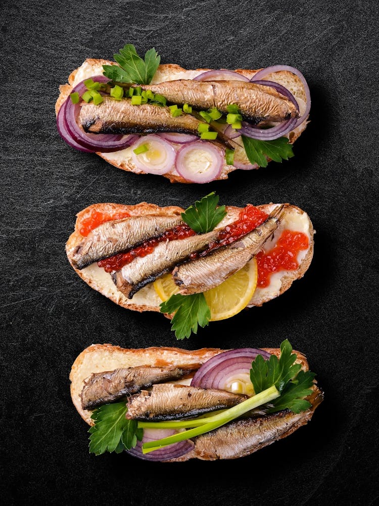 Sandwiches with sprats and caviar — Food kitchen poster/blackboard, photo art