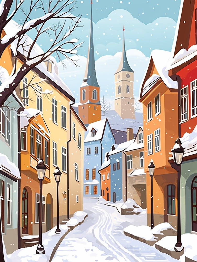 Vintage Winter Travel Illustration Tallinn Estonia 3