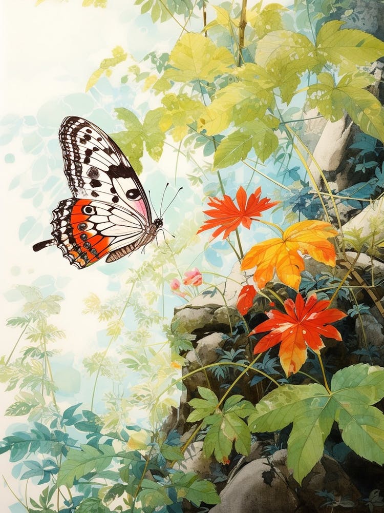 Butterfly In The Rocky Landscape Japanese Style Painting