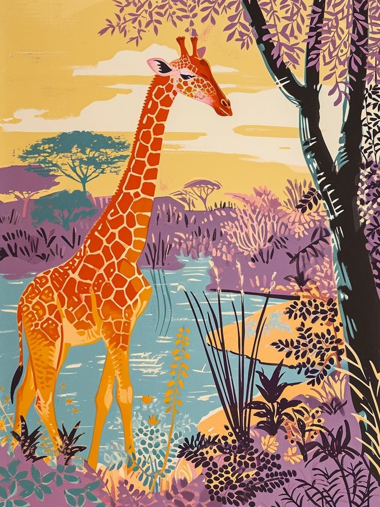 Giraffe By The Watering Hole Watercolour Illustration 2