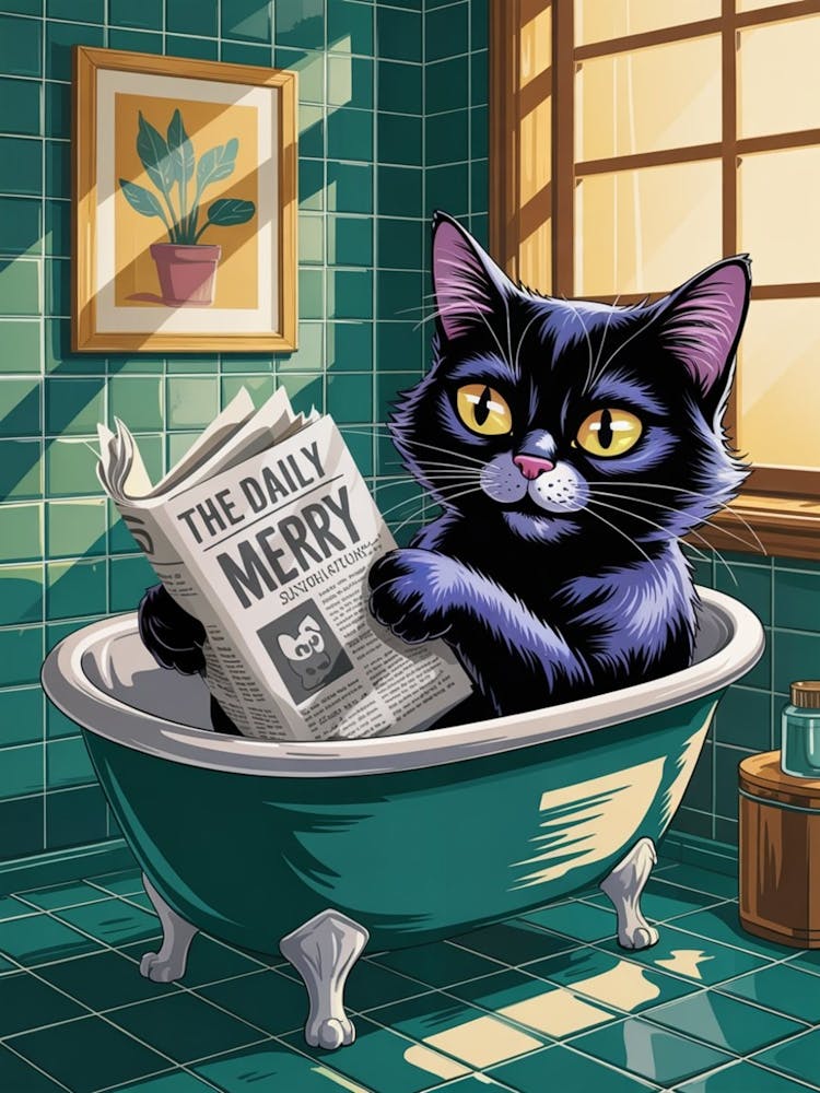 cat reading newspaper in bath 2