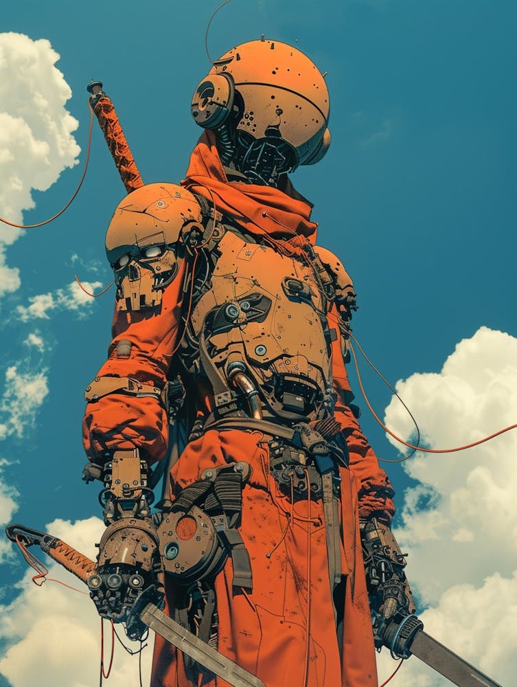 A Chinese Swordsman, Pose As Leonardo Da Vinci S Vitruvian Man, The Whole Body Is Surrounded By A Ring Of Swords, Blue Sky And White Cloud, Mechanical, Robot, Sable Game, Mechanical Flowers, Mechanical Insects, Gary Walter S Costume