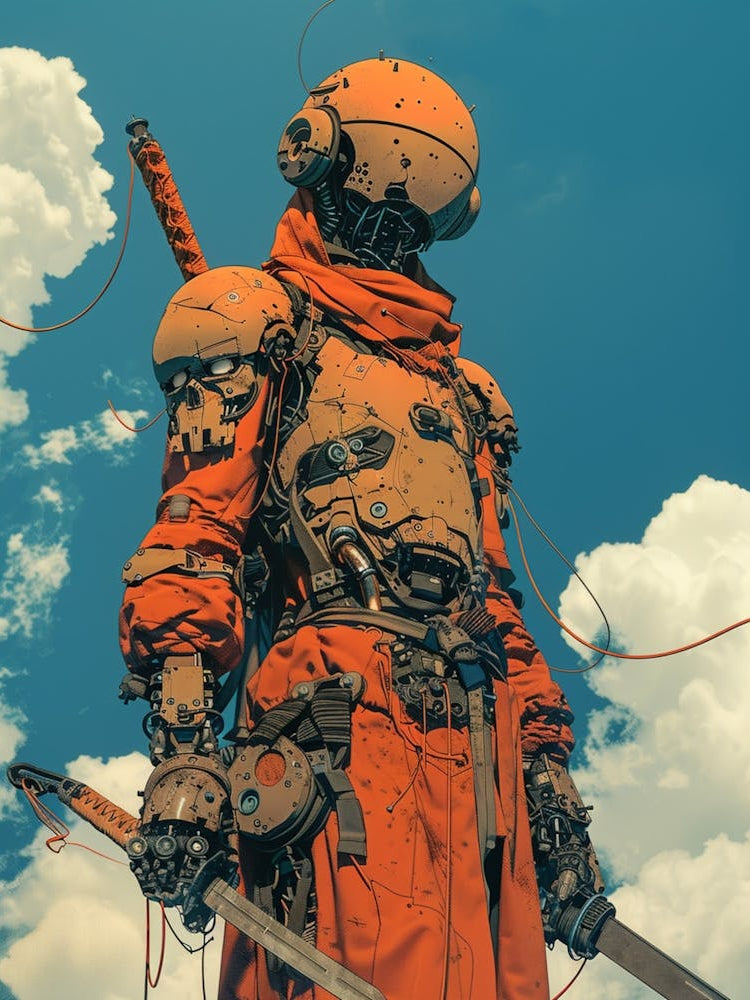 A Chinese Swordsman, Pose As Leonardo Da Vinci S Vitruvian Man, The Whole Body Is Surrounded By A Ring Of Swords, Blue Sky And White Cloud, Mechanical, Robot, Sable Game, Mechanical Flowers, Mechanical Insects, Gary Walter S Costume