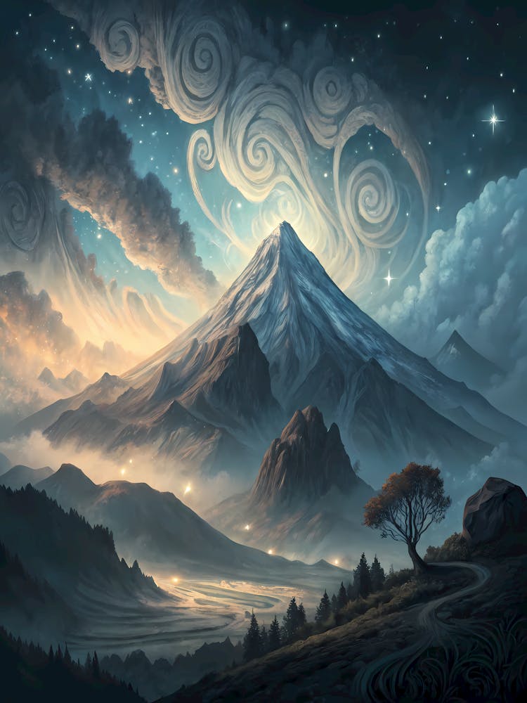 Oil Painting Style Mystical Mountain Swirling Sky Landscape